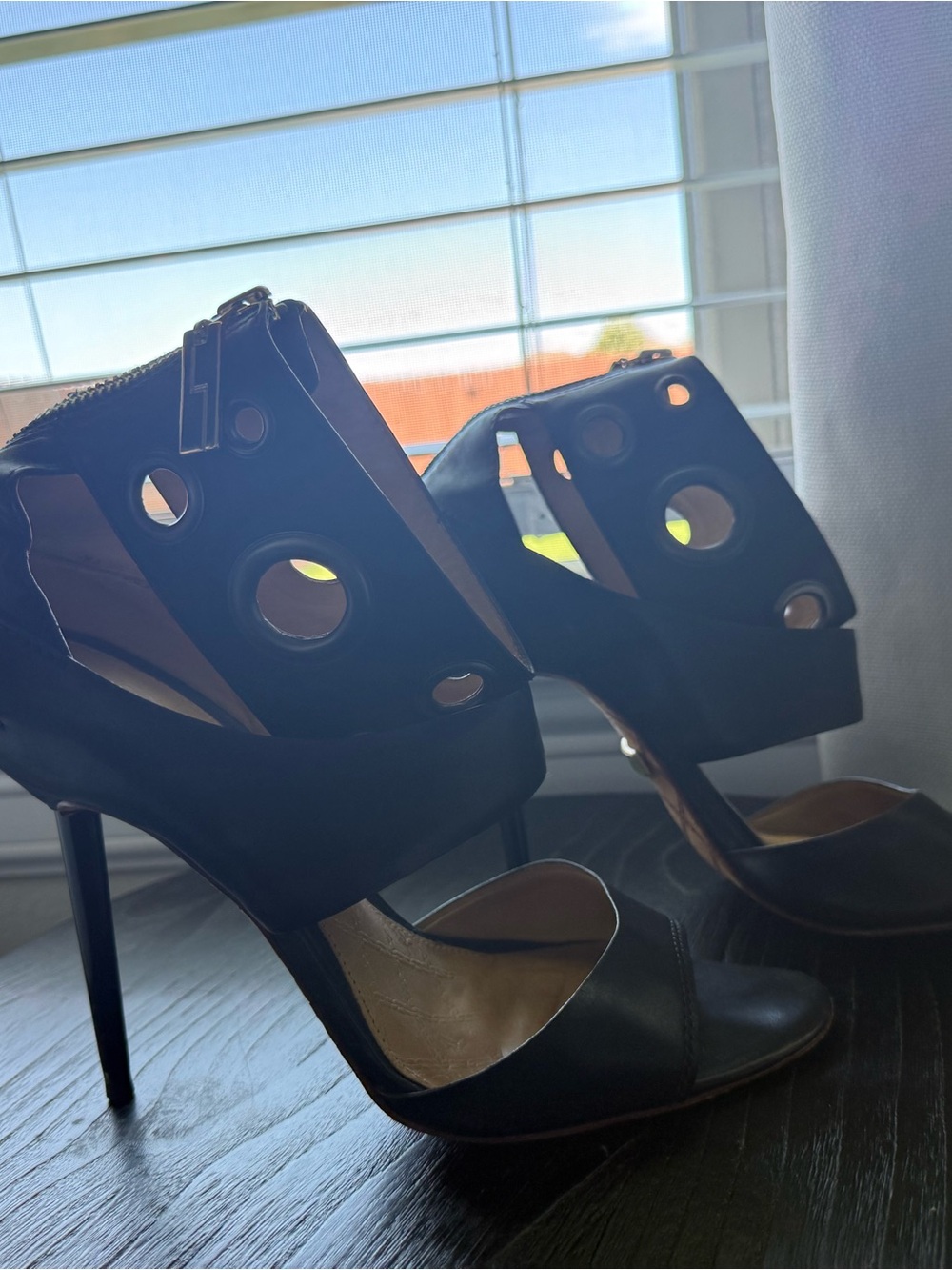 L.A.M.B. Black Sculptural Cutout Ankle-Strap Heels